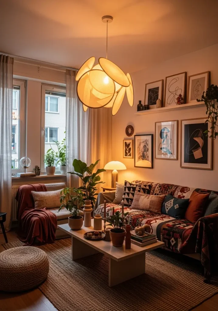 A small apartment living room with a striking statement light fixture, warm glowing light, modern eclectic decor, cozy seating, layered textiles, soft shadows, an artistic pendant lamp, and ambient lighting creating an intimate and stylish atmosphere

