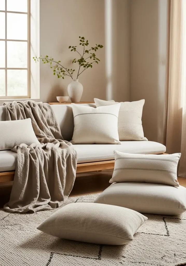 Japandi bedroom corner with layered linen bedding, textured neutral cushions, wooden bedside table, ceramic vase decor, warm sunlight through sheer curtains, soft natural shadows, Pinterest-style photography highlighting cozy tactile atmosphere.

