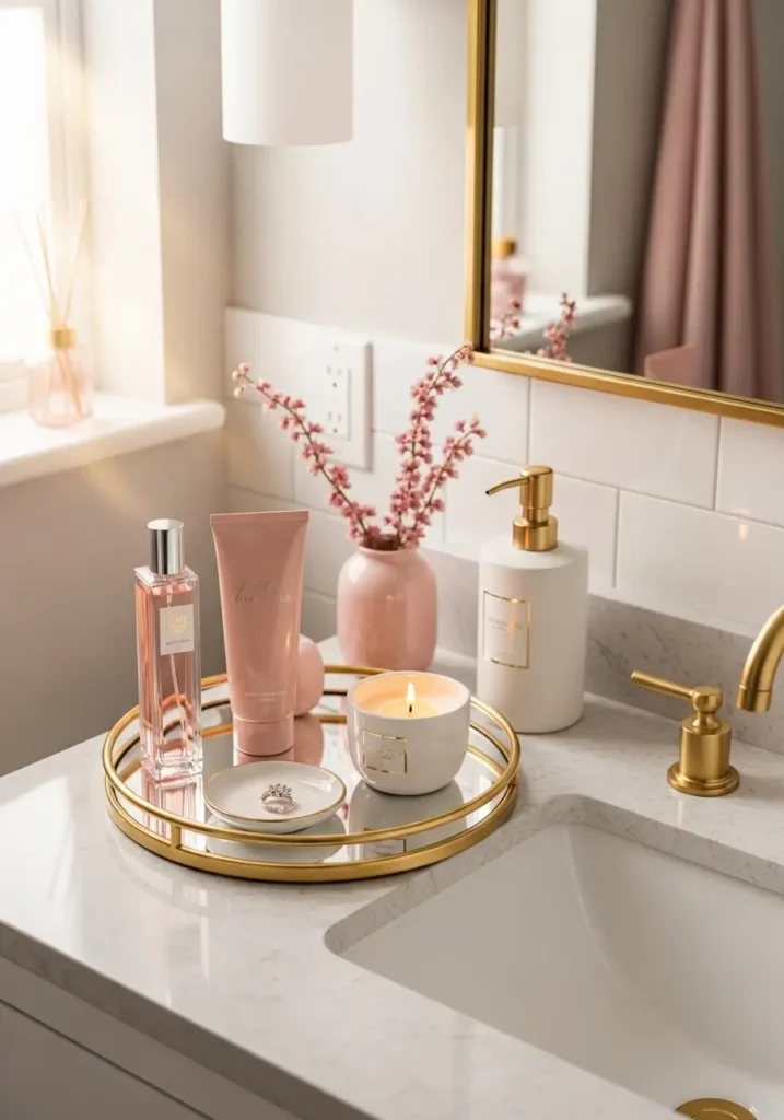 Small bathroom vanity with elegant tray holding perfume, hand cream, candle, ring dish, gold soap dispenser, blush pink accents, neat countertop, feminine apartment decor, realistic compact bathroom, polished and cozy mood, clean styling, soft morning light, chic little details, photo realistic interior with luxe girly sink area and tidy pretty arrangement