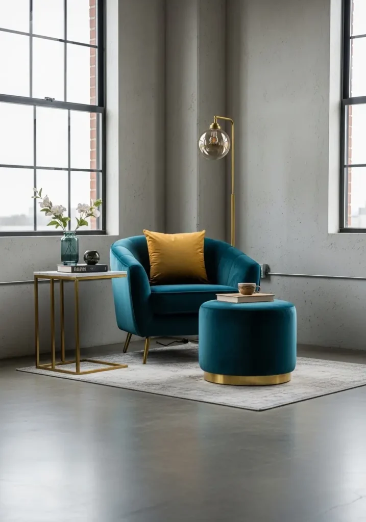 The velvet corner charm transforms an overlooked space into a cozy and stylish retreat. A plush velvet chair instantly adds softness and richness, especially when paired with natural loft textures like concrete floors and large windows. Jewel tones bring depth and warmth, while gold or curved accents keep the look elegant rather than heavy. Adding a small ottoman or side table enhances comfort, making the corner perfect for reading or relaxing.

