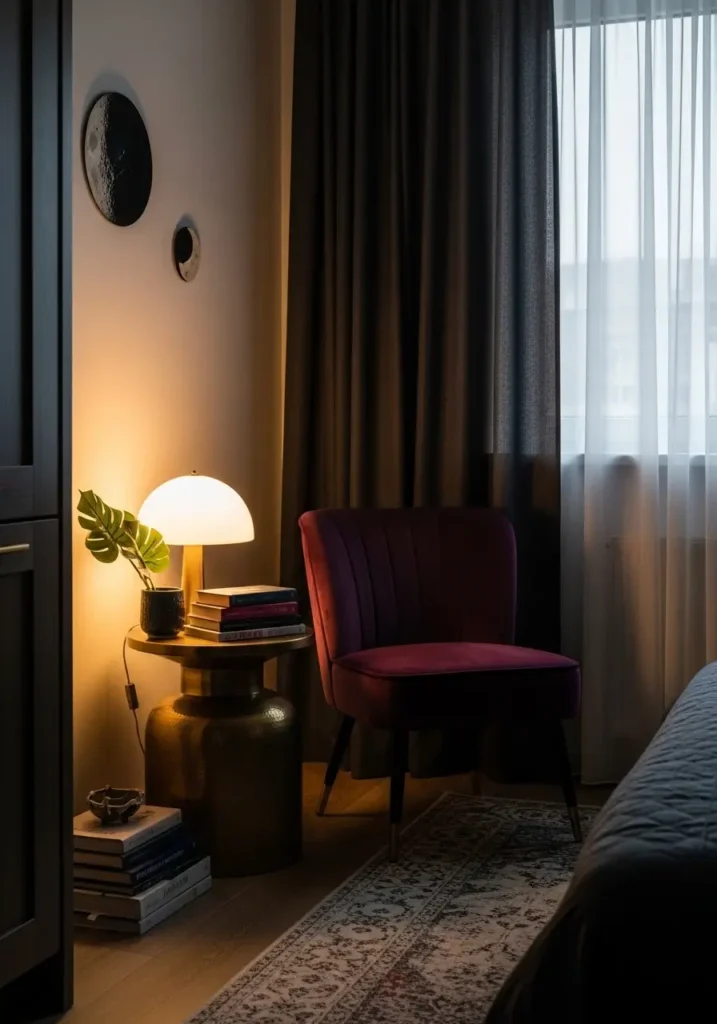 Small apartment corner with deep plum velvet chair, round brass side table, stacked books, soft lamp glow, sheer dark curtains, subtle moon wall art, clean modern renter apartment, minimal styling, tidy room layout, cozy feminine mood, warm shadows, rich textures, elegant calm atmosphere, polished whimsical decor scene with soft evening lighting and inviting comfort.