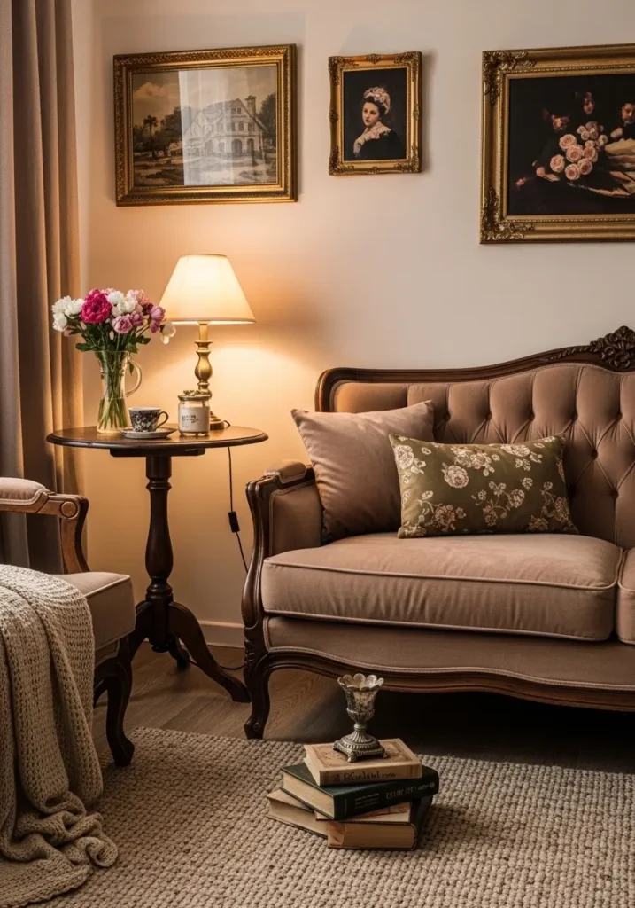 Cozy vintage apartment living room with velvet sofa in muted rose or olive, antique inspired decor, dark wood side table, soft lamp light, romantic old world styling, framed art, textured rug, warm layered room feeling, small apartment space with feminine details, rich fabric, timeless charm, intimate home atmosphere, collected vintage accents, inviting layout with cozy elegant mood and nostalgic character