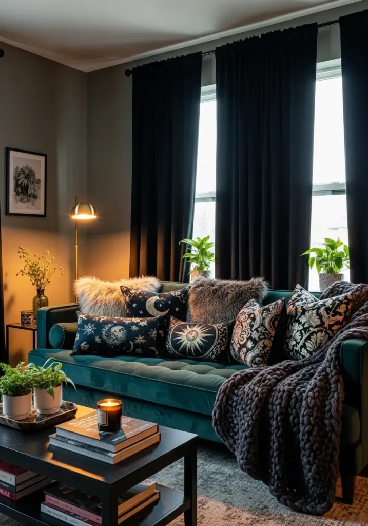 Apartment living room with velvet sofa, layered throw pillows, knit blanket, dark curtains, brass floor lamp, clean modern renter decor, tidy room styling, rich moody tones, feminine whimsigoth atmosphere, elegant textures, cozy polished setup with warm ambient light.