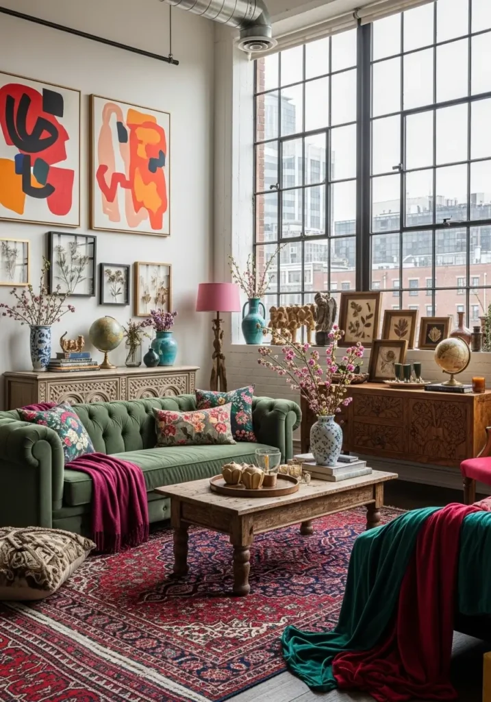 Loft apartment with vintage decor, antique furniture, unique trinkets, bold wall art, soft furnishings, rich colors, eclectic yet feminine style, carefully curated items, timeless decor pieces, urban loft with personality-filled corners.