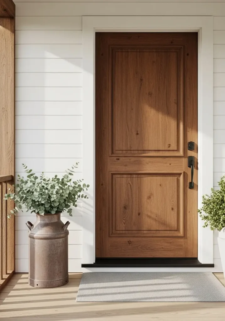 Minimal rustic porch with antique milk can beside front door, eucalyptus stems inside, white clapboard walls, neutral mat, warm natural light, tidy farmhouse styling, realistic textures, elegant country curb appeal.