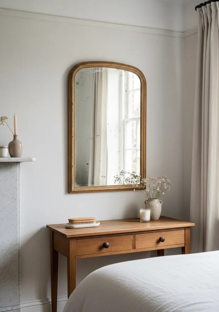 Minimal cottagecore bedroom with oval vintage mirror above small wooden dresser, cream walls, soft candlelight, tiny vase of dried flowers, linen curtain nearby, warm daylight blending gently, uncluttered feminine styling, natural wood floor, airy peaceful mood, realistic textures, subtle antique charm, calm soft shadows.