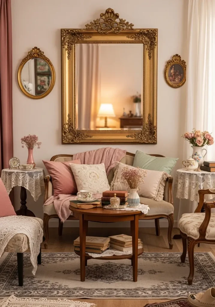 Vintage apartment living room with ornate mirror, soft romantic detail, warm light reflection, feminine decor, antique inspired frame, cozy seating, muted colors, nostalgic styling, elegant small apartment charm, layered home decor, collected vintage vibe, gentle and inviting atmosphere, pretty room feeling with timeless reflective beauty
