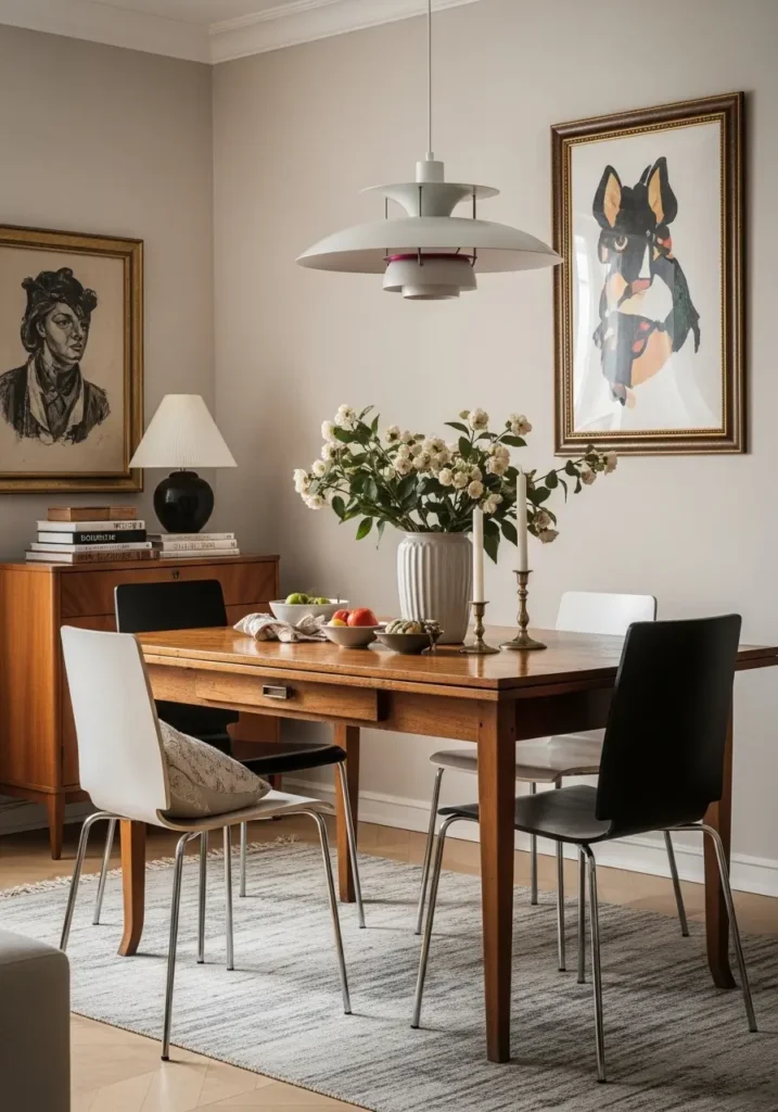 Modern eclectic apartment dining room with vintage wood table paired with modern decor, sleek chairs, contemporary pendant light, layered textures, warm cozy home mood, feminine stylish apartment setting, realistic interior photography, collected mix of old and new, artful decor, soft natural light, warm neutral palette, charming home details, elegant but lived in atmosphere, urban apartment dining space with personal touches and depth

