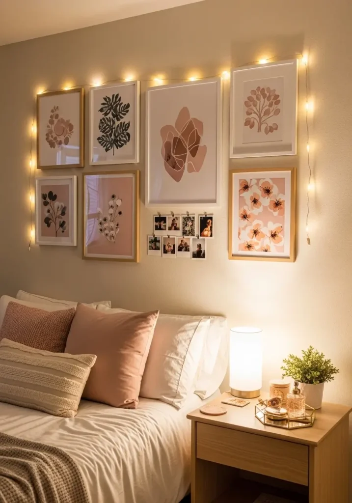 cozy college apartment bedroom wall with mixed framed art prints, soft neutral bedding below, fairy lights, small photo collage, blush and cream tones, light wood furniture, personal feminine decor, realistic apartment bedroom scene, stylish but relaxed mood, warm indoor lighting
