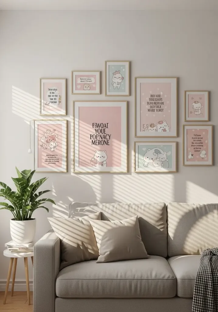 Apartment wall with pastel-colored framed art, cute illustrations, and motivational quotes; small gallery wall above the sofa; cozy, bright vibe; soft sunlight casting gentle shadows; playful, feminine style; realistic 2D illustration; tidy, charming living space.