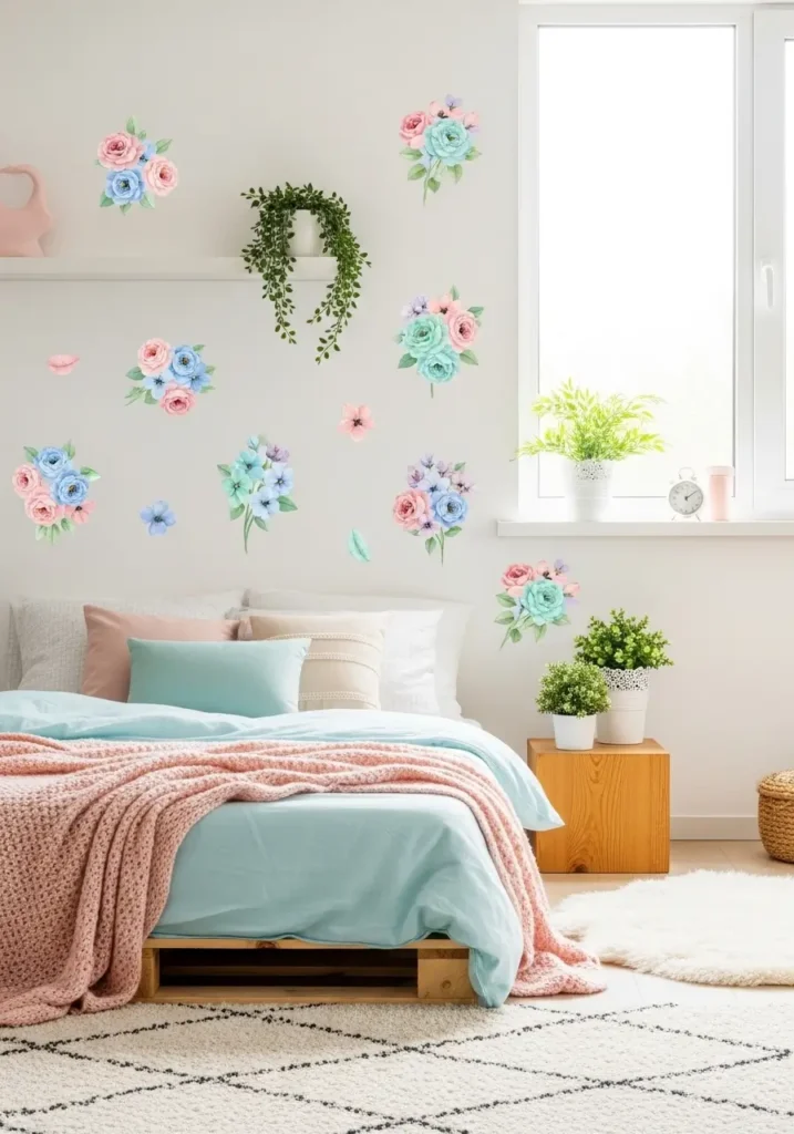 Bedroom wall with pastel floral decals, soft bedding and a plush rug, small potted plants, bright natural light, cozy, playful aesthetic, girly and inviting apartment, realistic 2D illustration, charmingly decorated walls.