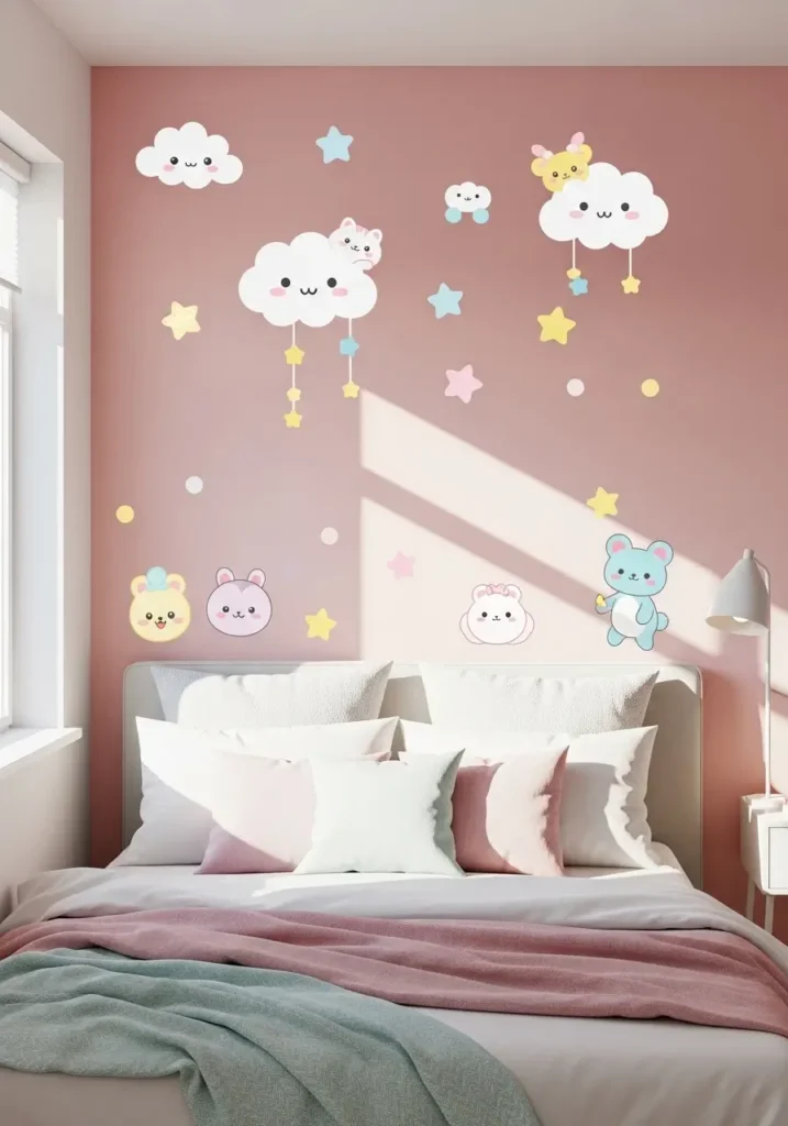 Pastel bedroom wall with cute removable decals of clouds, stars, and kawaii animals. Soft sunlight from window, plush pillows and pastel bedding. Playful, cheerful, cozy atmosphere with bright, fun, and inviting vibe.