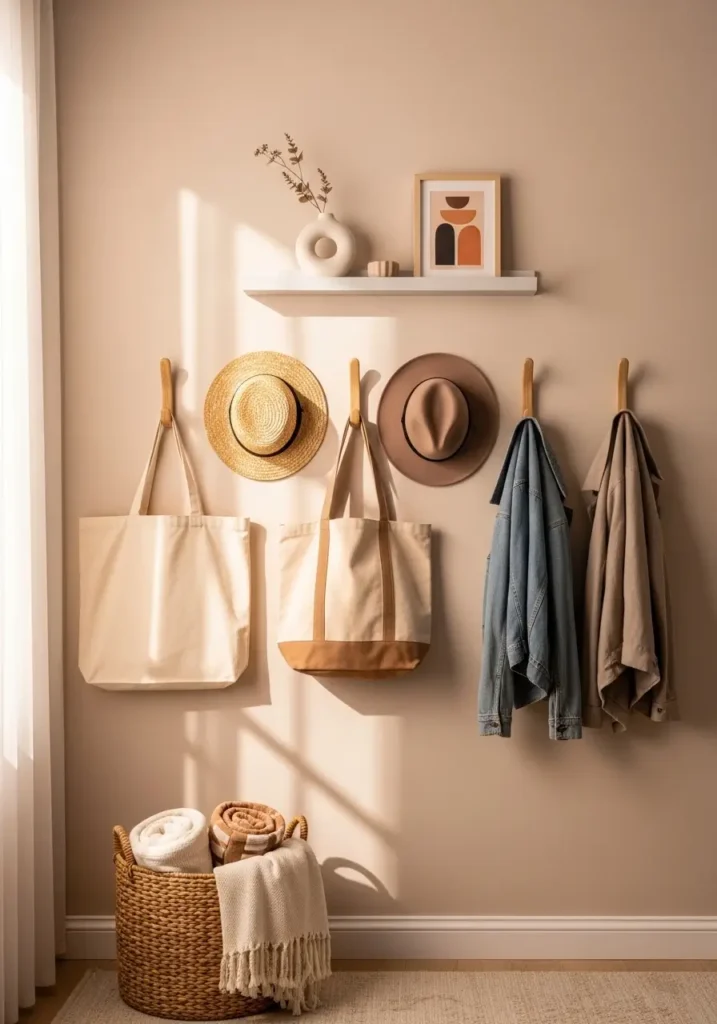 Tiny apartment wall with modern wooden hooks holding tote bags, hats, light jackets, soft beige walls, woven basket below, clean minimal feminine styling, warm sunlight, cozy organized room mood, realistic apartment interior photography.