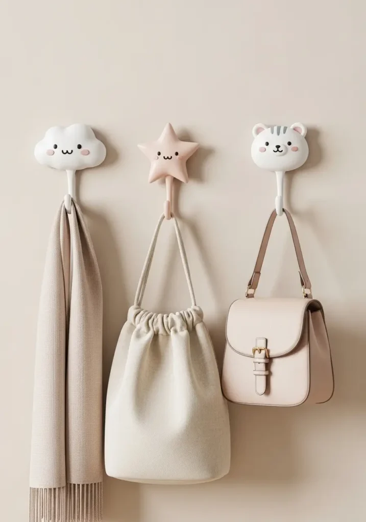 White wall with pastel-colored decorative hooks shaped like stars and clouds, holding small bags and scarves. The corner is illuminated by soft sunlight, highlighting playful designs and creating a cheerful, cozy, and kawaii-inspired apartment vibe.
