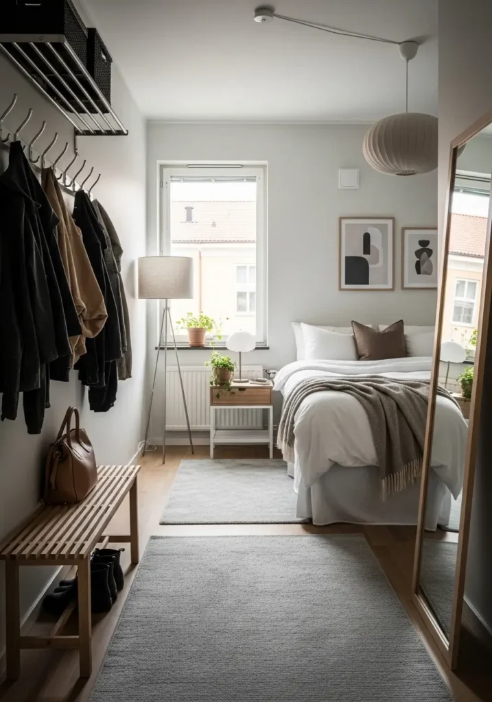 Cozy apartment entryway with multiple wall-mounted metal hooks holding jackets and bags, a narrow wooden bench beneath, a soft gray rug on the floor, natural light streaming through a nearby window, Scandinavian modern interior style.