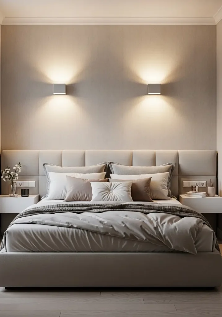 bedroom featuring modern wall sconces above an upholstered bed, warm ambient lighting casting a soft glow on textured walls, layered neutral bedding, cozy pillows, minimal decor, a soft evening atmosphere, realistic interior photography with balanced lighting, calming, feminine styling, and a peaceful retreat mood.