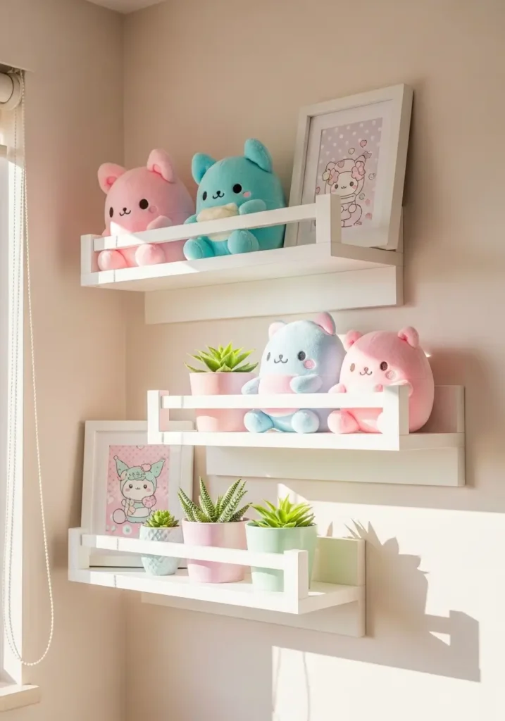 Small white wall shelves holding pastel plushies, tiny plants in pastel pots, and framed kawaii prints. Sunlight highlights the cheerful arrangement, creating a playful, cozy, and inviting corner in a small apartment with soft pastel walls.