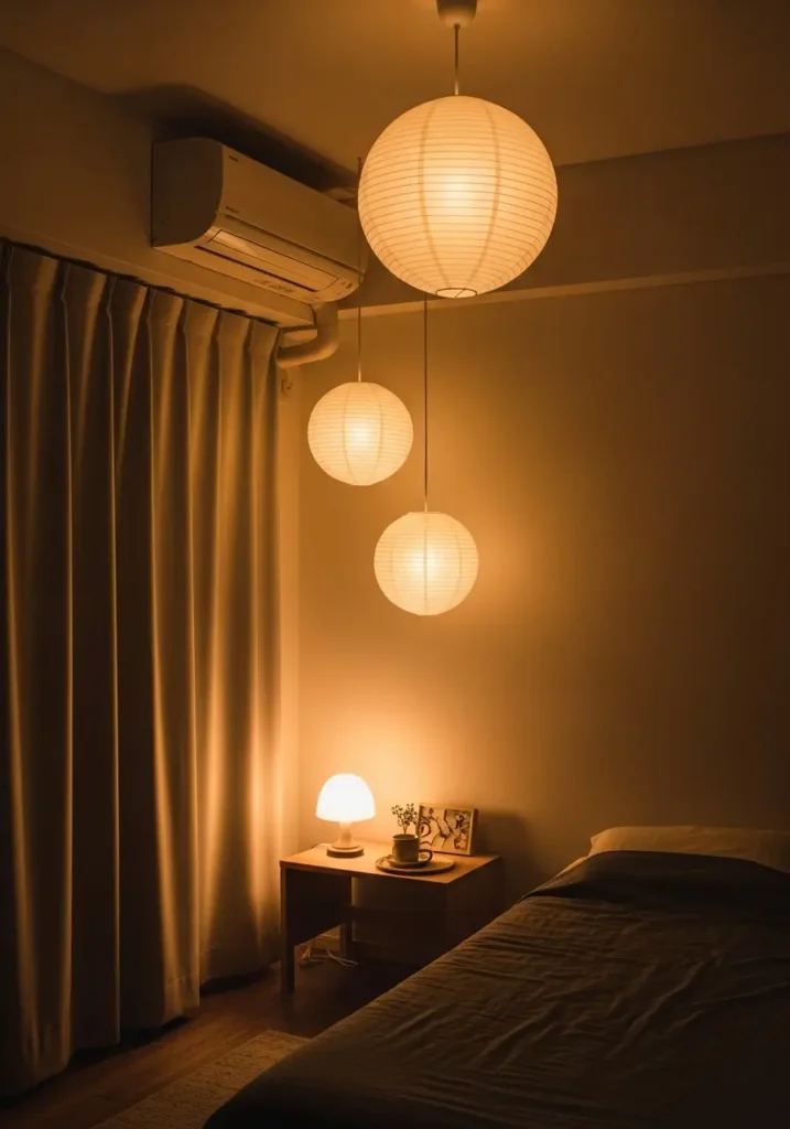  Japanese apartment with warm ambient lighting, paper lantern lamps, soft golden glow, low furniture, neutral tones, cozy evening atmosphere, minimal decor, calm zen mood, gentle shadows, peaceful and inviting apartment interior.