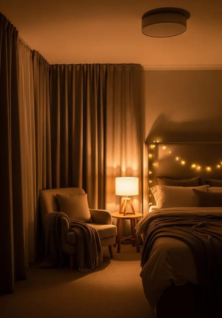 bedroom corner with warm table lamps, soft glowing fairy lights draped along headboard, neutral bedding, textured curtains, cozy armchair, golden ambient lighting, calm evening mood, realistic interior styling, soft shadows, layered lighting creating an intimate, relaxing atmosphere, warm tones, and peaceful aesthetic photography.