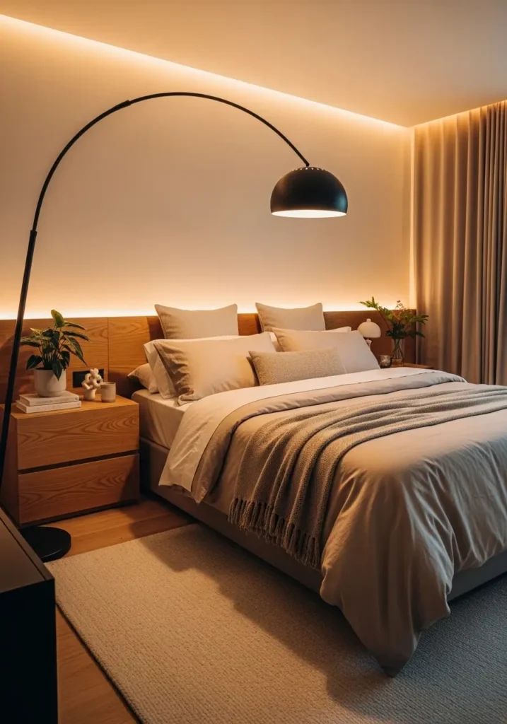 Modern bedroom styled with warm beige bedding, matte black lamp accents, wood-tone furniture textures, a soft neutral rug, warm ambient lighting, minimalist decor, and Pinterest-style interior photography capturing cozy modern elegance and balanced contrast.

