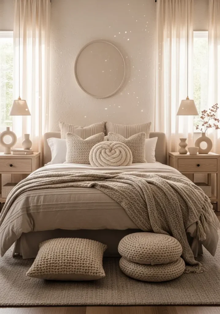 warm cream bedroom with soft, textured walls, cozy layered bedding, boucle pillows, light wood nightstands, ceramic decor pieces, warm sunlight streaming through sheer curtains, a neutral rug, minimal styling, a cozy, feminine atmosphere, realistic lighting, an airy composition, a calming retreat mood, and natural textures emphasized.