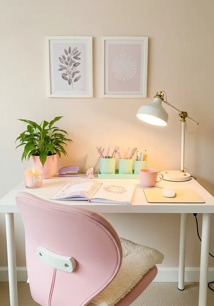 Cozy girly apartment workspace with small white desk, pastel desk accessories, warm desk lamp lighting, soft pink chair with fluffy cushion, delicate wall art above desk, notebook and coffee mug on desk surface, nearby plant and candle, feminine cozy workspace atmosphere 