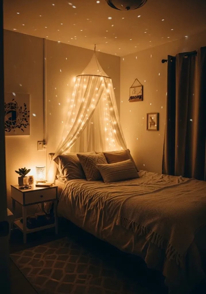 College apartment bedroom with warm fairy lights around bed corner, soft golden glow, minimal decor, neutral bedding, small nightstand, cozy feminine vibe, clean walls, subtle lighting, uncluttered space, calm and dreamy atmosphere, soft shadows, warm cozy aesthetic, simple and modern layout


