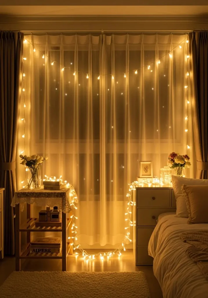 Cozy girly apartment window decorated with warm fairy lights wrapped around curtain rods, sheer white curtains flowing softly, blush pink chair nearby with fluffy pillow, small side table holding candle and tea cup, golden evening glow filling the room, soft textures and pastel decor throughout, feminine apartment aesthetic, realistic Pinterest interior style photography.