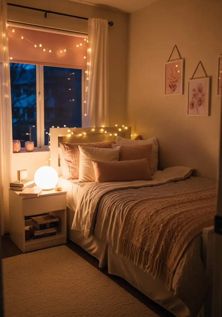 small college apartment bedroom with warm fairy lights draped around headboard and window, cozy neutral bedding, glowing lamp, soft rug, books on nightstand, delicate wall prints, blush and cream tones, dreamy feminine room feeling, realistic indoor lighting, evening mood, stylish student apartment decor