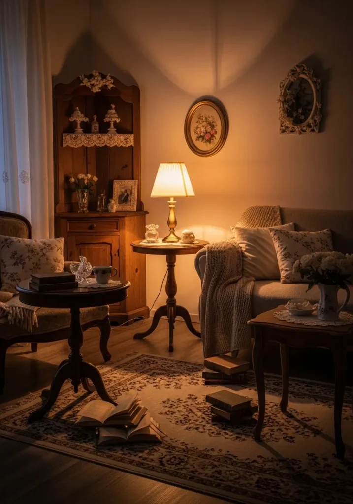 Small apartment living room with warm lamp glow, antique side tables, vintage vibey decor, cozy evening light, soft shadows, muted rug, classic sofa, old books, delicate accessories, romantic feminine styling, intimate home mood, aged wood furniture, collected apartment charm, relaxing layout, warm and inviting atmosphere with nostalgic details and timeless comfort