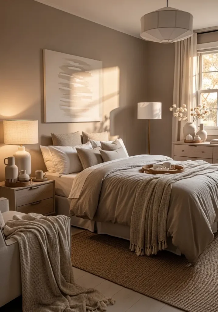 warm taupe bedroom with soft, layered bedding, cozy lighting, neutral decor pieces, textured throws, elegant simplicity, a warm evening glow, realistic interior photography, a calm, inviting atmosphere with soft natural shadows.