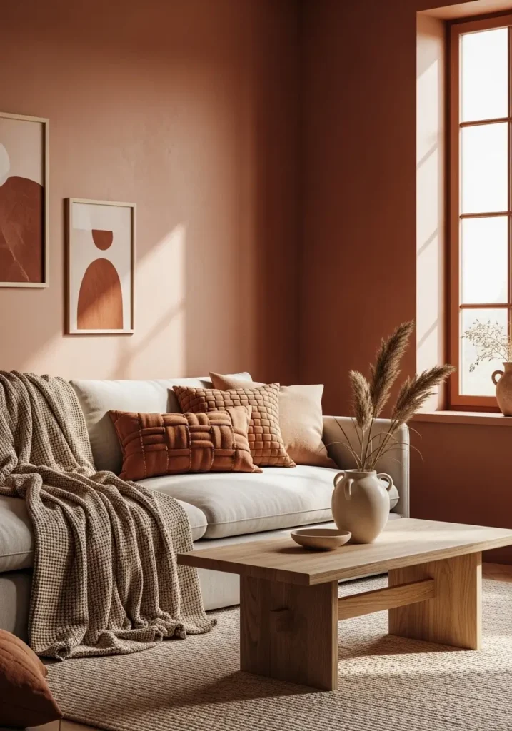 Boho-inspired living room with a warm terracotta-painted wall, a neutral sofa, woven wall decor, indoor plants, layered textiles, sunlight filtering through curtains, wooden furniture accents, Pinterest-style interior photography showcasing a cozy, earthy ambiance with natural lighting.

