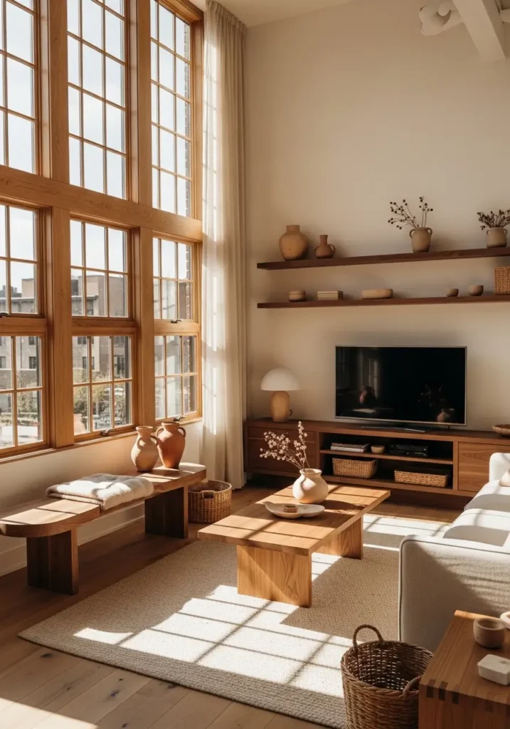 Stylish loft apartment with honey-toned wood coffee table, walnut shelves, pine frames, curved bench, linen sofa, clay vases, woven baskets, tall windows, warm sunlight, feminine cozy mood, modern open layout softened by natural grain, calm, welcoming interior with gentle layered texture.
