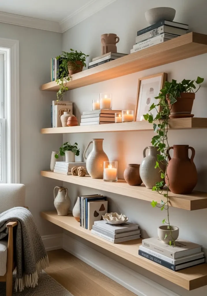 Warm Wooden Shelves With Decor