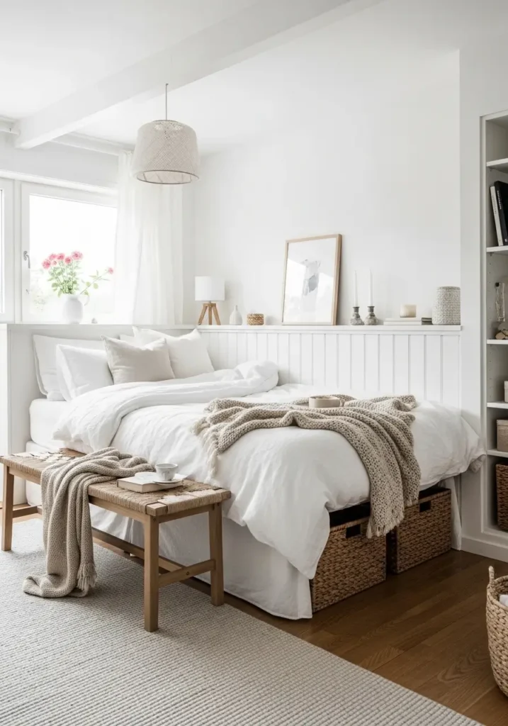 Small loft apartment bedroom with white bedding, pale oak wood accents, bright natural light, airy feminine decor, compact loft sleeping area, linen duvet, simple bench, woven basket storage, white walls, soft neutral rug, clean styling, warm and fresh mood, minimal clutter, pretty and calm small space design with Scandinavian-inspired touches, and cozy apartment charm