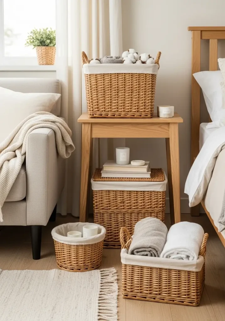  Soft cottagecore living room with woven wicker baskets beside linen sofa, folded blankets inside, pale rug, a wooden stool, warm daylight, cream walls, tidy minimal layout, natural fibers, subtle feminine styling, realistic texture details, airy uncluttered room, peaceful countryside mood with gentle shadows and calm balance.