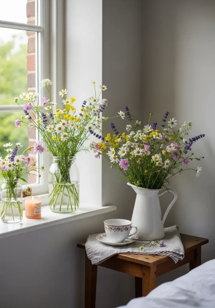 Minimal cottagecore reading corner with small wooden stool holding glass jars of wildflowers, soft beige wall, cane chair with linen cushion, sunlight pouring in, neutral woven rug, fresh greenery, airy layout, clean styling, delicate feminine mood, natural tones, tidy room, subtle vintage touch, realistic textures, peaceful floral nook with open space and warm light.