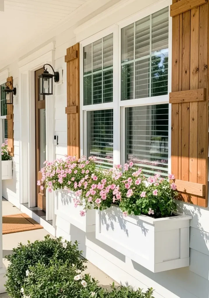Country porch with white window boxes full of pink flowers and greenery, white trim, wooden shutters, clean minimal styling, sunny daylight, charming farmhouse curb appeal, realistic exterior scene, neat soft floral details, welcoming home entrance.