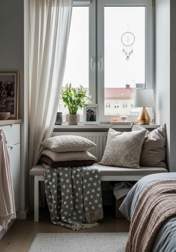 Small apartment window nook with slim bench seat, layered cushions, star print throw blanket, sheer curtains, crystal suncatcher, warm lamp nearby, clean renter decor, tidy modern apartment styling, calm feminine room corner, soft moody tones, elegant textures, cozy magical atmosphere with daylight and evening glow.