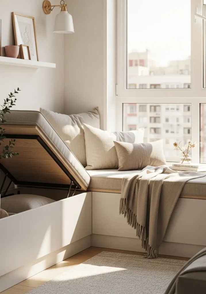 Tiny apartment window nook with built in bench seat, hidden storage under cushion, soft linen pillows, warm sunlight, pale wood finish, clean minimal feminine style, cozy reading corner, realistic airy apartment photography.