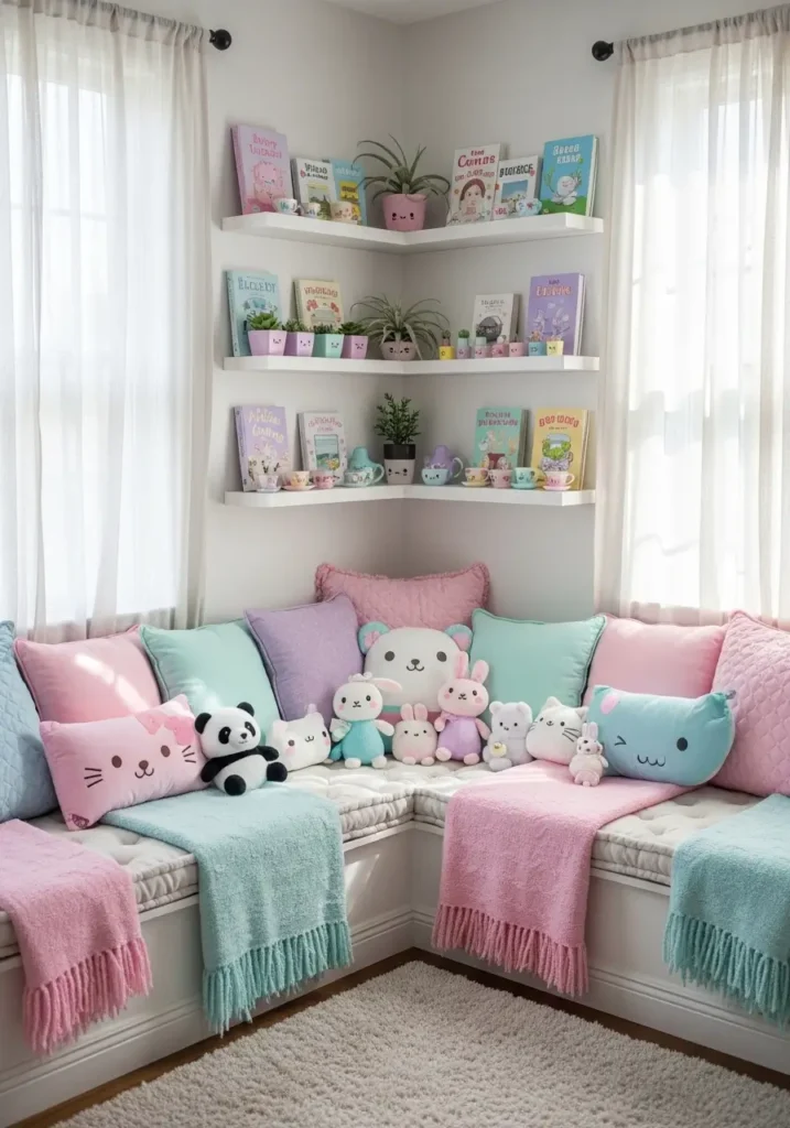Kawaii bedroom with a cushioned window seat, pastel pillows and throws, small plush toys, floating shelves with books and mini plants, sunlight streaming through sheer curtains, creating a cozy, playful, girly corner.