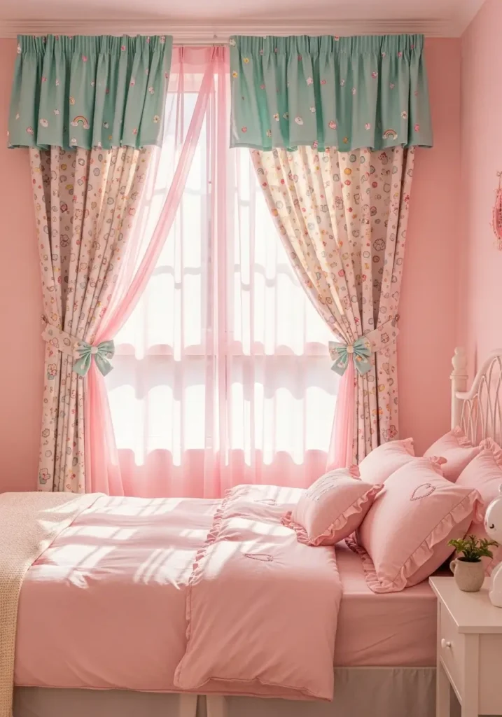 Girly bedroom with pastel sheer curtains layered with cute patterned drapes, small decorative tiebacks in bow shapes, sunlight softly illuminating the room, matching the bed and wall colors for a cohesive kawaii look.