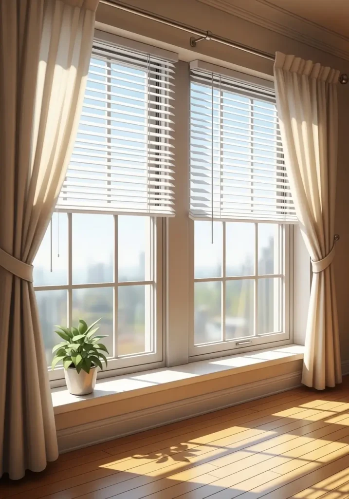 Sunlit apartment windows with sparkling clean glass, dust-free sills, tidy blinds, curtains neatly hung, polished window tracks, warm natural light filling the room, clean floor beneath, cozy and airy home environment, inviting and bright interior space.