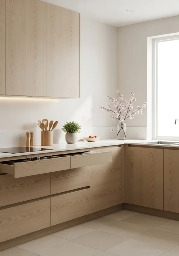 Minimal kitchen with clean countertops, neutral tones, soft lighting, simple decor, organized utensils, light wood cabinets, airy space, feminine cozy vibe, fresh and tidy look with no clutter, smooth surfaces reflecting soft natural light creating a calm and clean environment

