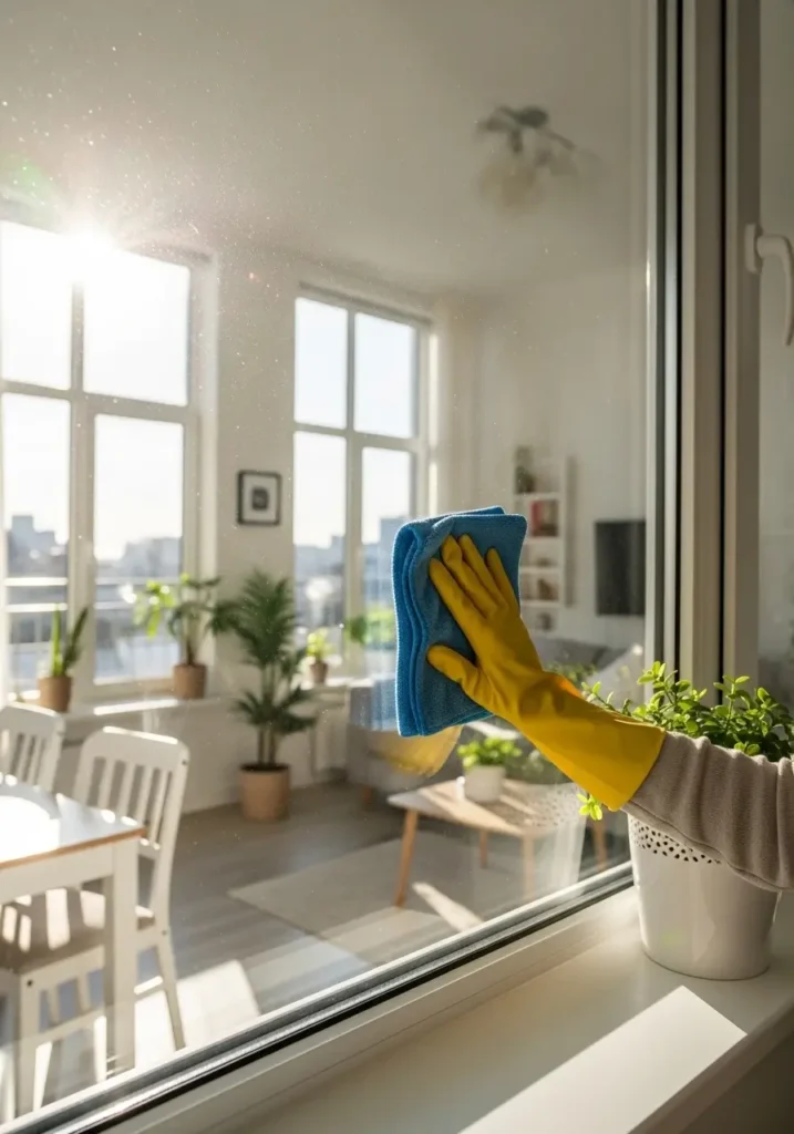 Sunlight streaming through spotless apartment windows, microfiber cloth wiping glass and sill, bright airy interior, reflections of clean light, fresh and cheerful home vibe.