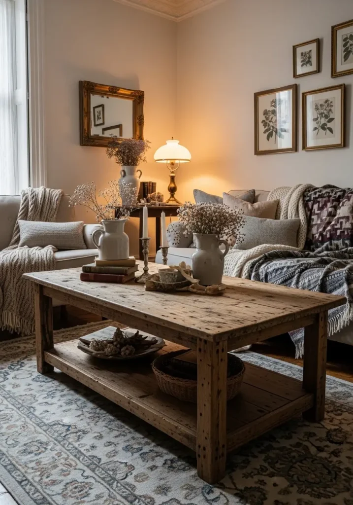 Vintage apartment living room with wooden coffee table showing timeworn character, aged wood grain, cozy sofa, layered textiles, warm lamp light, soft rug, nostalgic styling, collected home decor, feminine vintage mood, small apartment charm, romantic and relaxed atmosphere, charming old furniture, thoughtful living room layout with inviting warmth and classic details