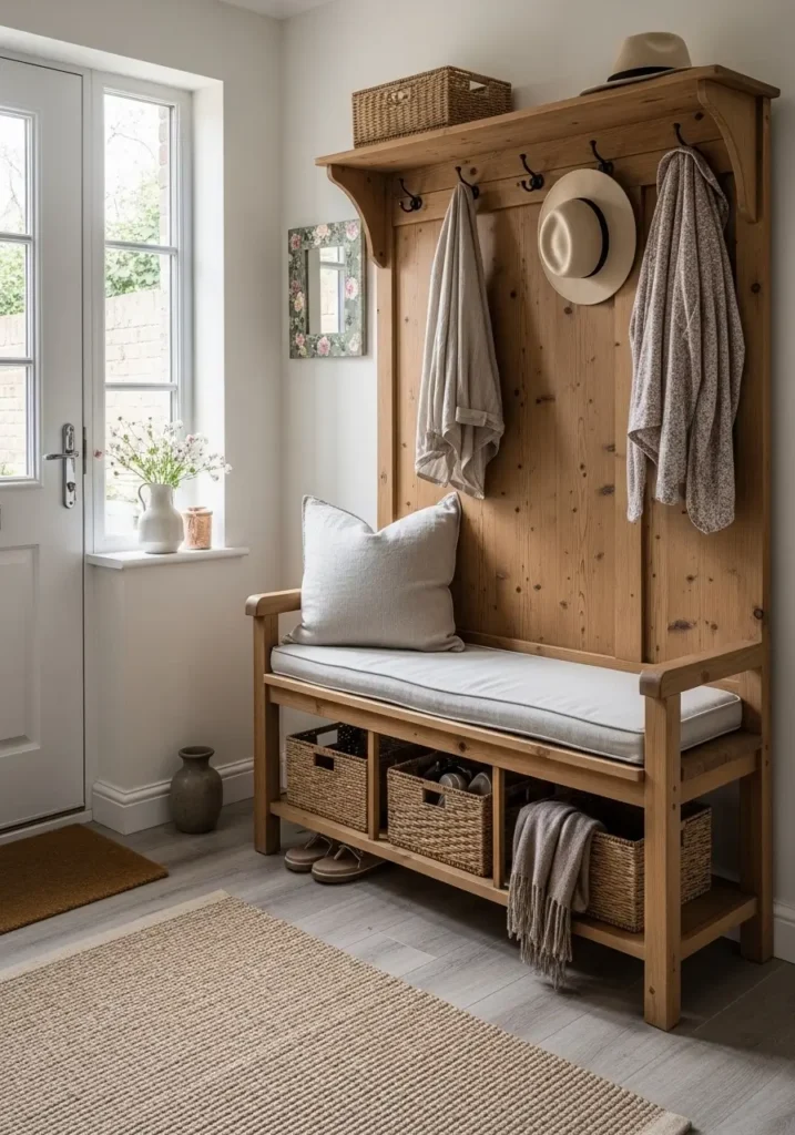Clean cottagecore entryway with narrow wooden bench, linen cushion, woven basket underneath, cream wall, small framed floral art, soft sunlight from nearby door, tidy feminine styling, natural textures, realistic wood grain, calm uncluttered welcoming mood, warm gentle shadows.
