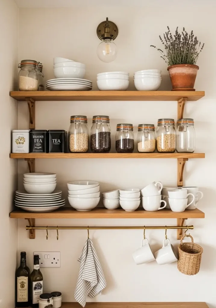 Clean cottagecore kitchen with open natural wood shelves, stacked white dishes, glass jars with oats and tea, soft cream walls, brass hooks, sunlight from side window, minimal styling, fresh herbs in clay pot, tidy counters, warm neutral palette, realistic textures, airy feminine farmhouse mood, calm uncluttered space with gentle shadows.