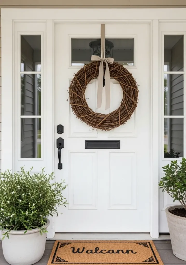  Clean minimal country porch with natural grapevine wreath on white front door, soft linen ribbon hanging gently, potted greenery nearby, neutral farmhouse styling, tidy entrance, warm daylight, realistic textures, calm welcoming curb appeal scene, simple elegant rustic mood.