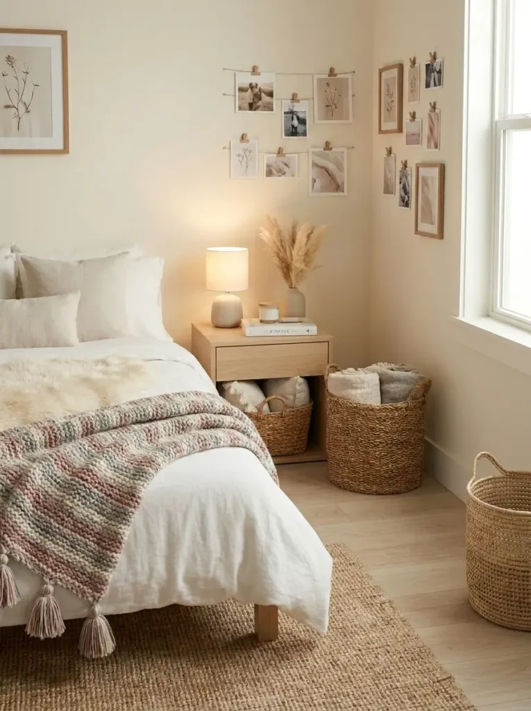 College apartment bedroom with small photo corner, minimal photo prints, neutral tones, simple clips or frames, cozy feminine aesthetic, clean wall styling, soft lighting, uncluttered arrangement, warm and personal atmosphere